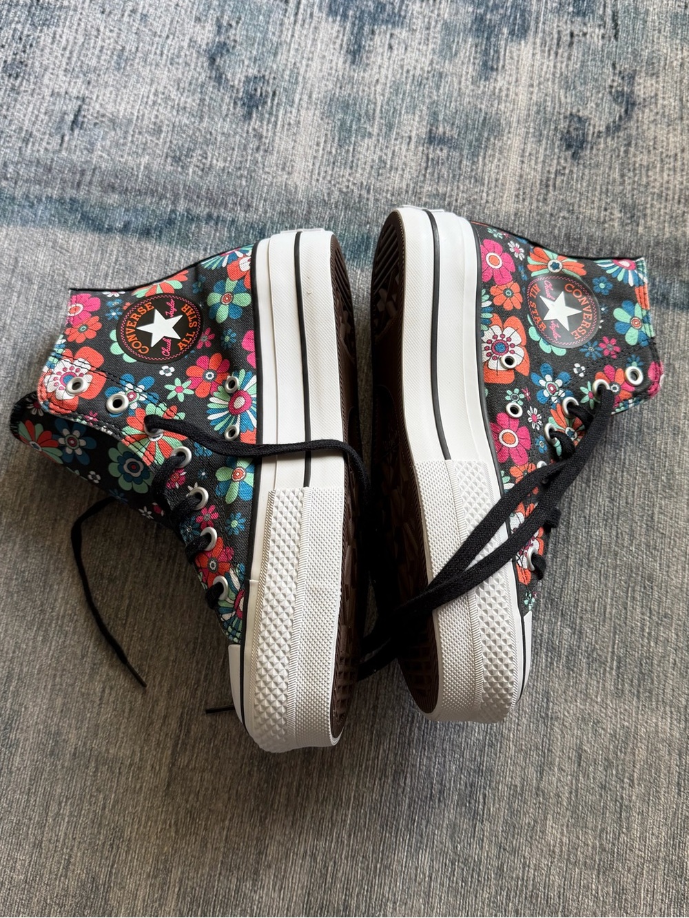 Converse Black Floral High-Top Platform Sneakers with Multicolor Flowers - Picture 2 of 6